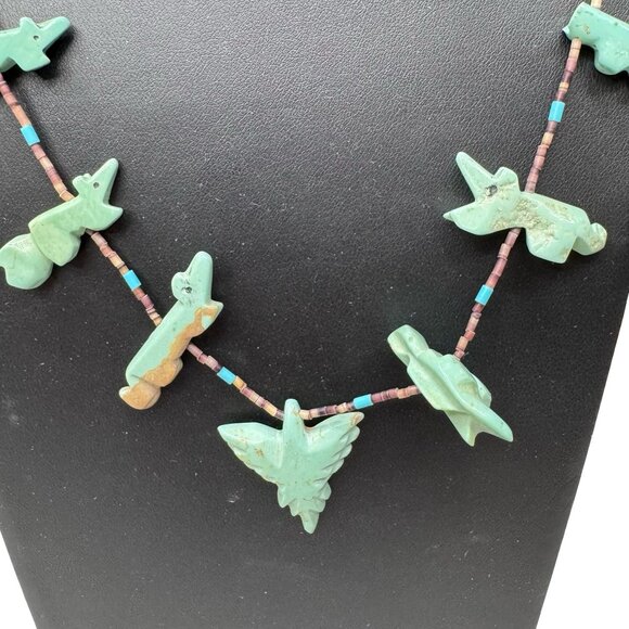 Jewelry - Vintage Zuni Carved Turquoise Thunderbird Fetish Heishi Beaded Necklace 32" READ